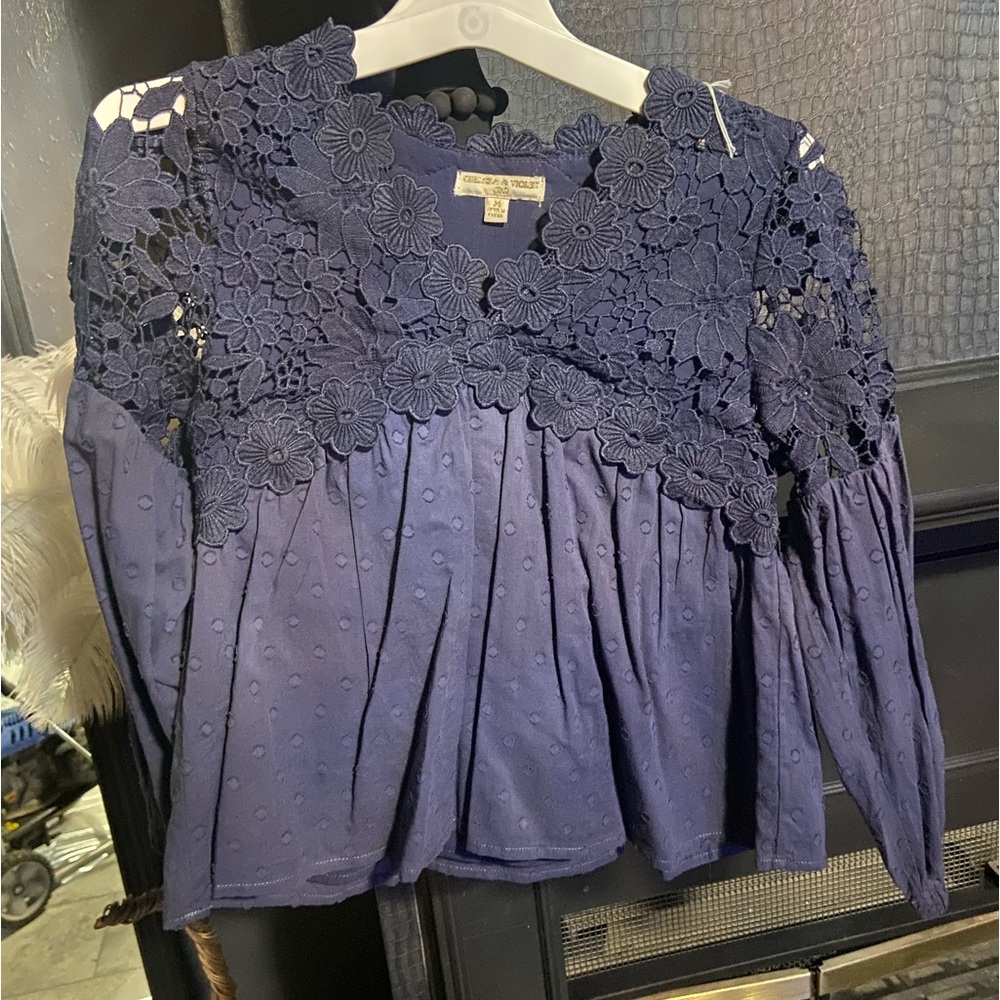 chelsea and violet navy lace top shirt